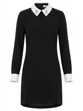 Black Long-Sleeve Shift Dress with White Collar and Cuffs